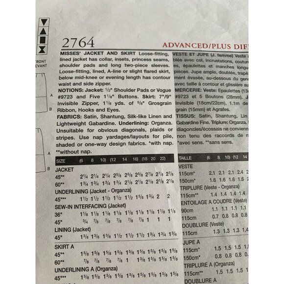 Vogue Misses Jacket Skirt Sewing Pattern 2764 Sz 18 - 22 Uncut - Picture 6 of 9